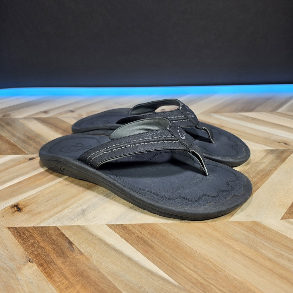 Olukai Mens 12 Hokua Flip Flop Sandals Black Leather Slip On Thong